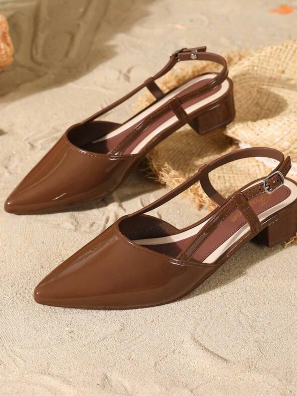 SHEIN Brown Patent Pointed Slingback Low Block Heel